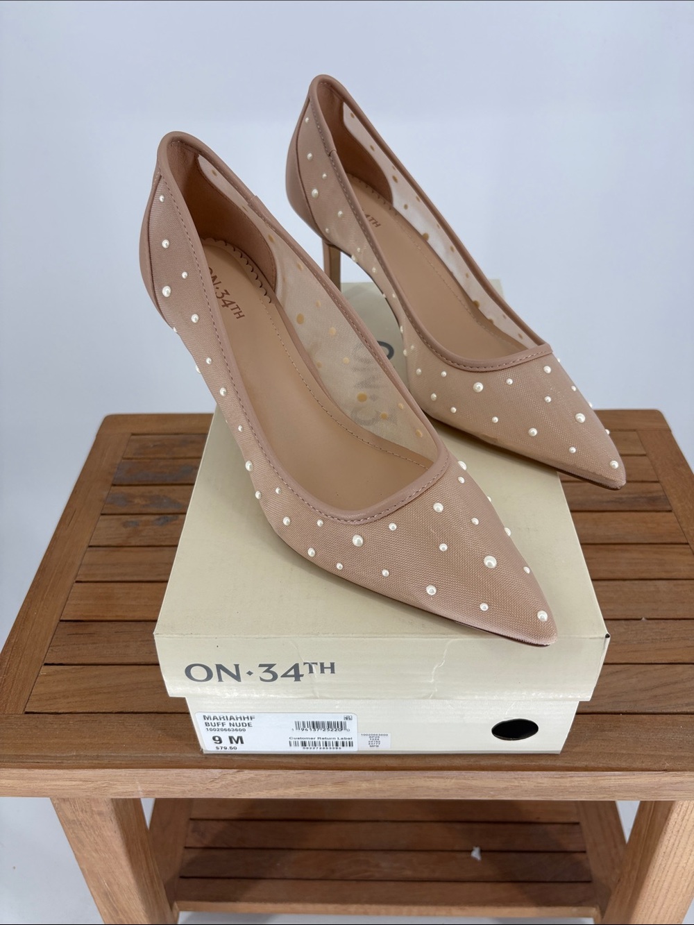 New on34th Women's Nude Pointed Toe Studded Pumps size 9M